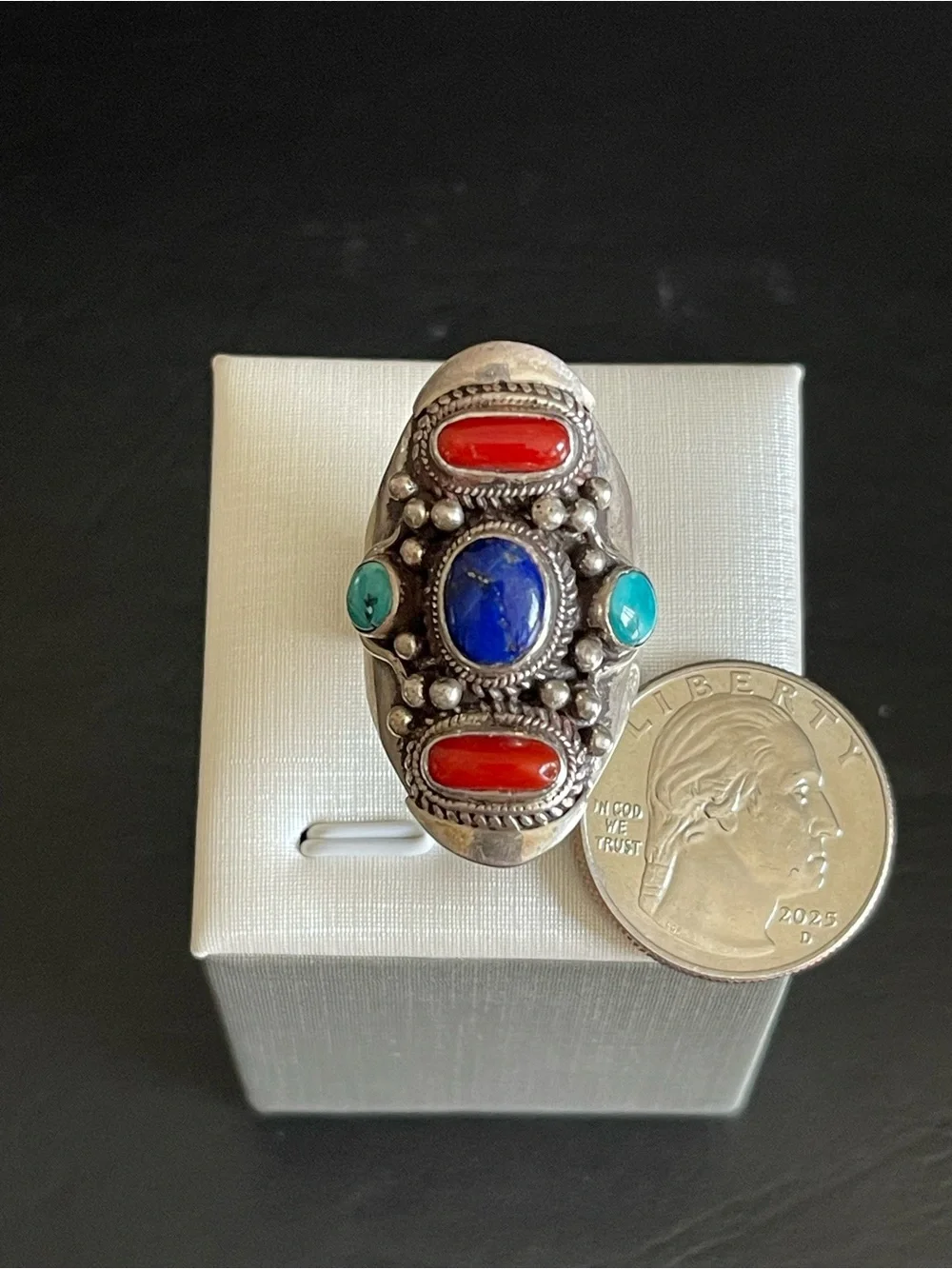 Vintage 925 Sterling genuine lapis turquoise,red coral Statement Ring.